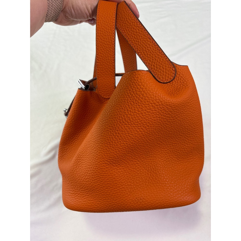 Tiffany & Fred Paris Bucket Bag Small Orange Leather Quiet Luxury Bold Old Money - Picture 10 of 14